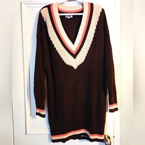Anthropologie Brown V-Neck Sweater Dress with Cream and Pink Accents